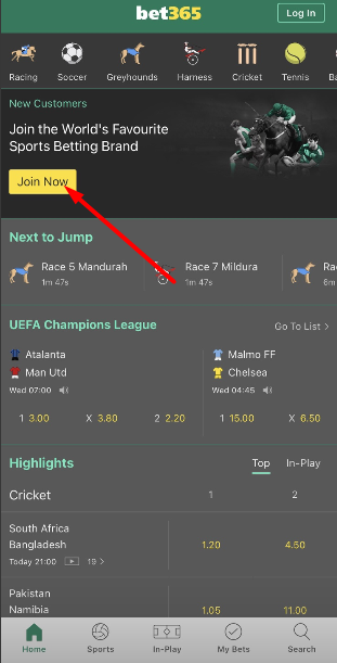 Кнопка регистрации в мобильном приложении Bet365 для iOS