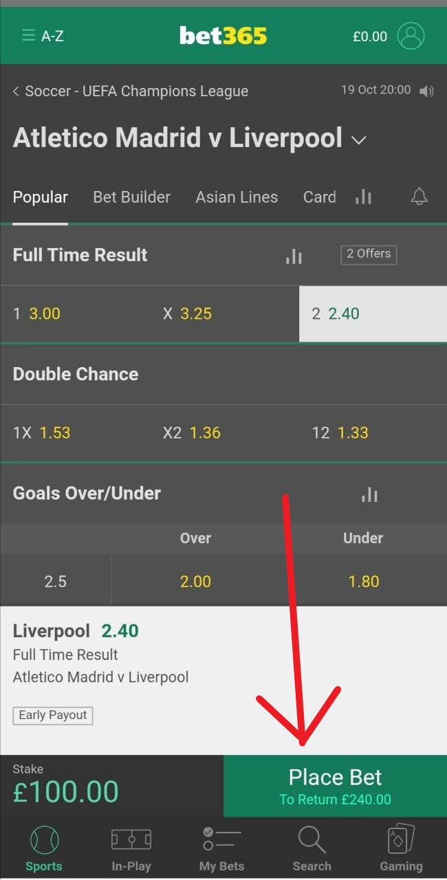 Заключение пари в мобильном приложении БК Bet365 для Андроид