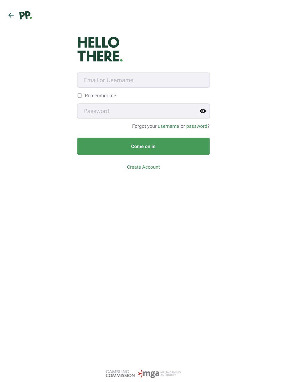 Форма авторизации в приложении бк Paddy Power для iOS 
