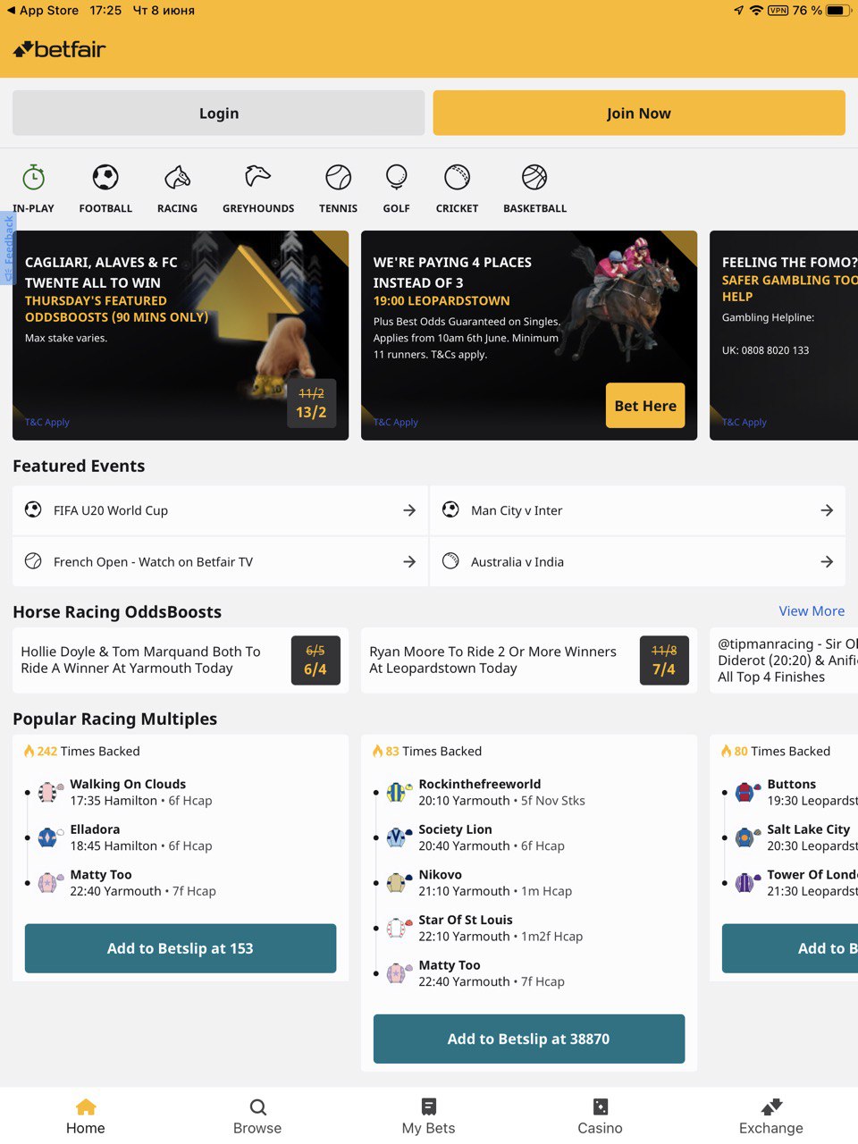 Главная страница в мобильном приложении Betfair для iOS