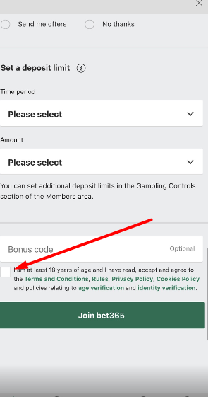 Согласие с правилами при регистрации в мобильном приложении Bet365 для iOS
