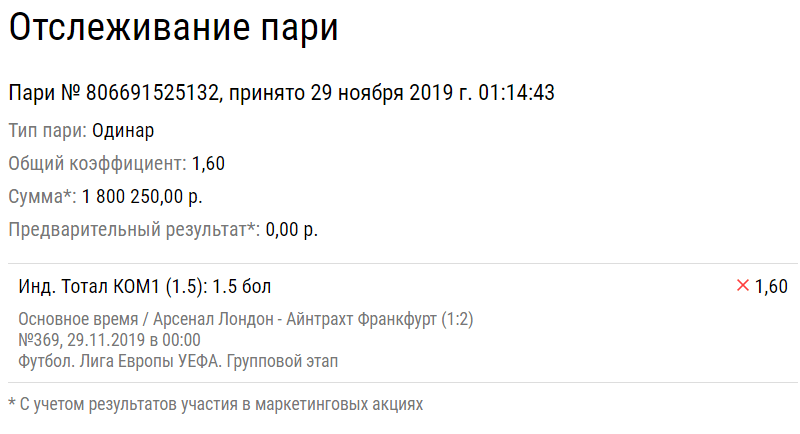 Клиент букмекеров проиграл 1,8 млн на матче Лиги Европы