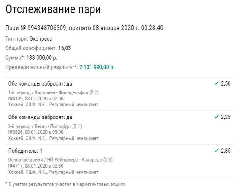 Доехало: небольшой экспресс из матчей НХЛ принес более 2 млн рублей