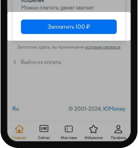 Подтверждение платежной операции при пополнении счета через ЮMoney в БК Winline