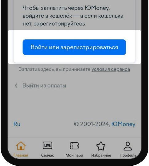 Вход в аккаунт кошелька ЮMoney при пополнении счета в БК Winline