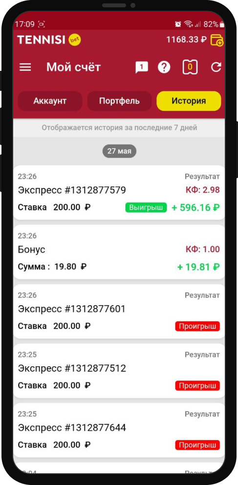 История ставок в БК Тенниси