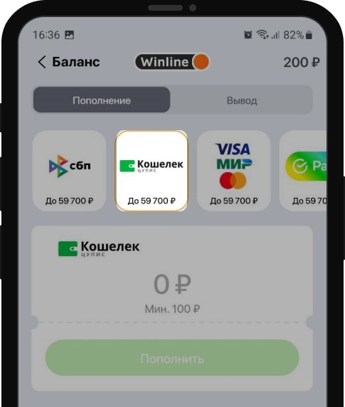 Пополнение счета через кошелек ЦУПИС в мобильном приложении БК Winline