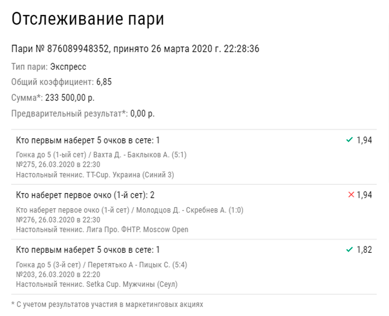 Клиент БК проиграл на экспрессе из настольного тенниса