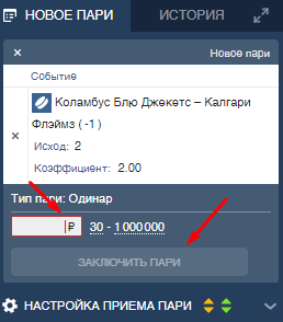 Купон ставки на фору (-1) в хоккейном матче «Коламбус» - «Калгари» на сайте БК Фонбет