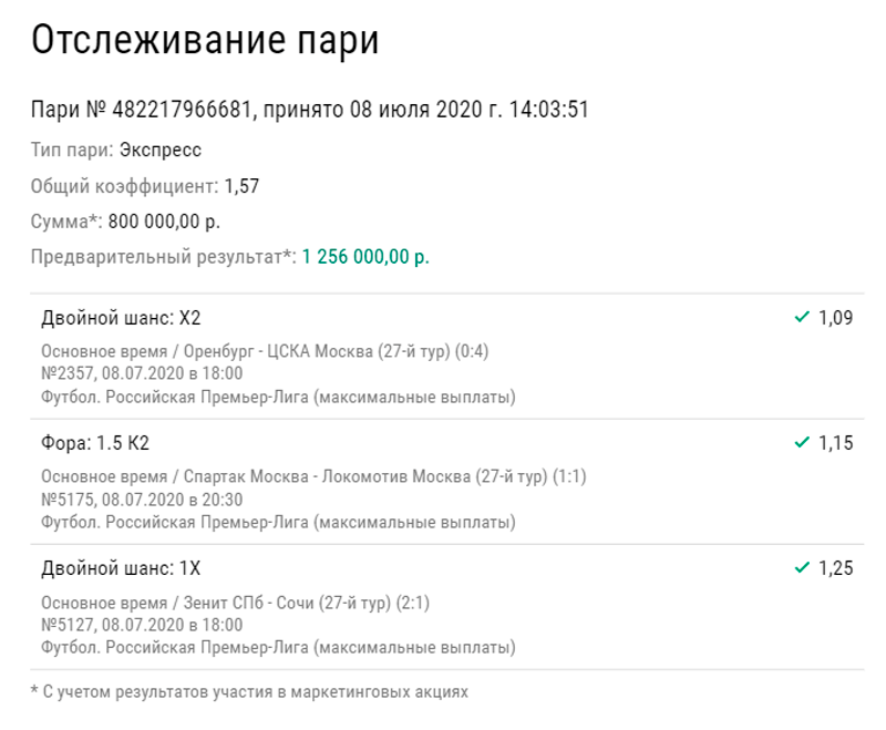 3 матча РПЛ и осторожный экспресс сделали игрока на ставках миллионером