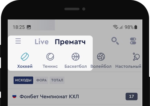 Выберите раздел «Лайв» или «Линия», затем откройте вкладку «Хоккей»