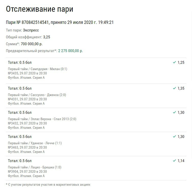 Перец поднял 2,2 млн рублей на том, что 5 клубов Серии А забили в первом тайме. Ультраудачный экспресс!