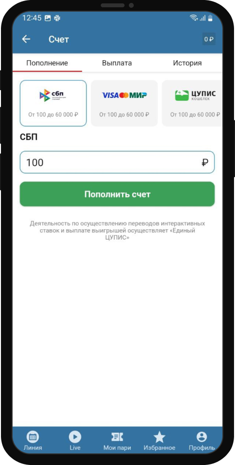 Пополнение счета через СБП в мобильном приложении БК Бетсити