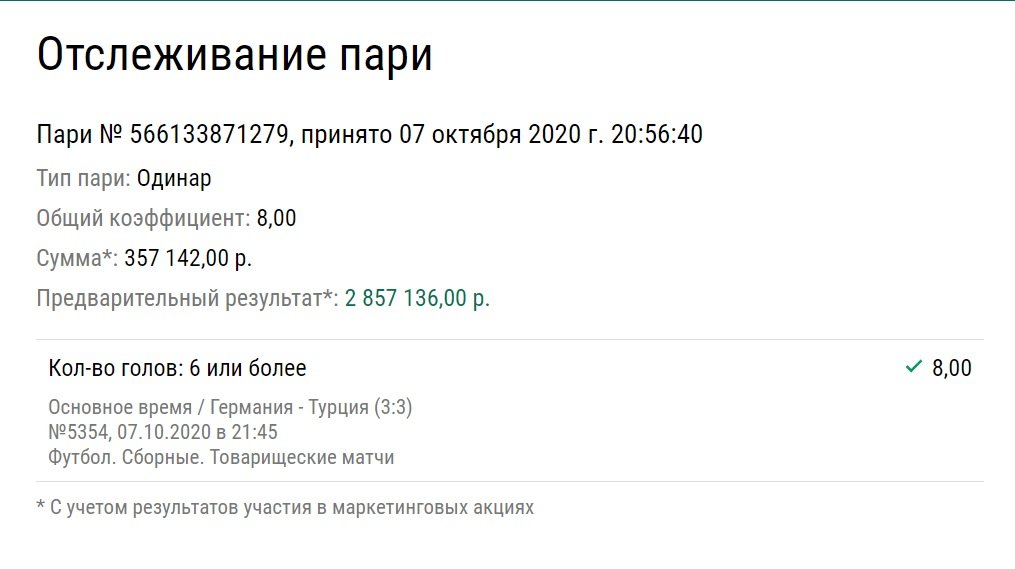 Игрок поставил на 6 голов Германии и Турции и заработал 2,8 миллиона рублей