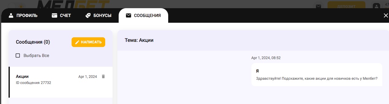 Запрос через личный кабинет БК Мелбет