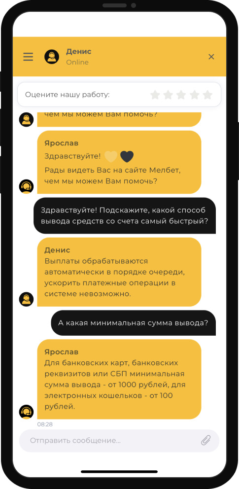 Диалог с оператором в лайв-чате в мобильном приложении БК Мелбет