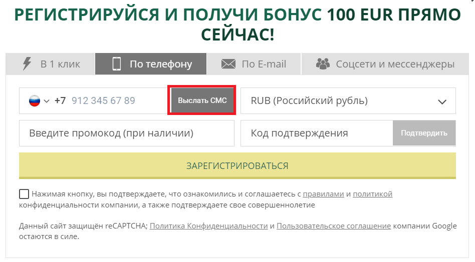 Нажмите кнопку "Выслать смс"