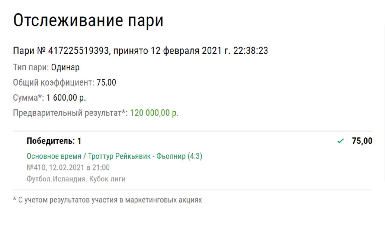 Клиент «Лиги Ставок» поднял кэф 75,00 на исландском футболе. Аутсайдер тут же забил 2 мяча фавориту