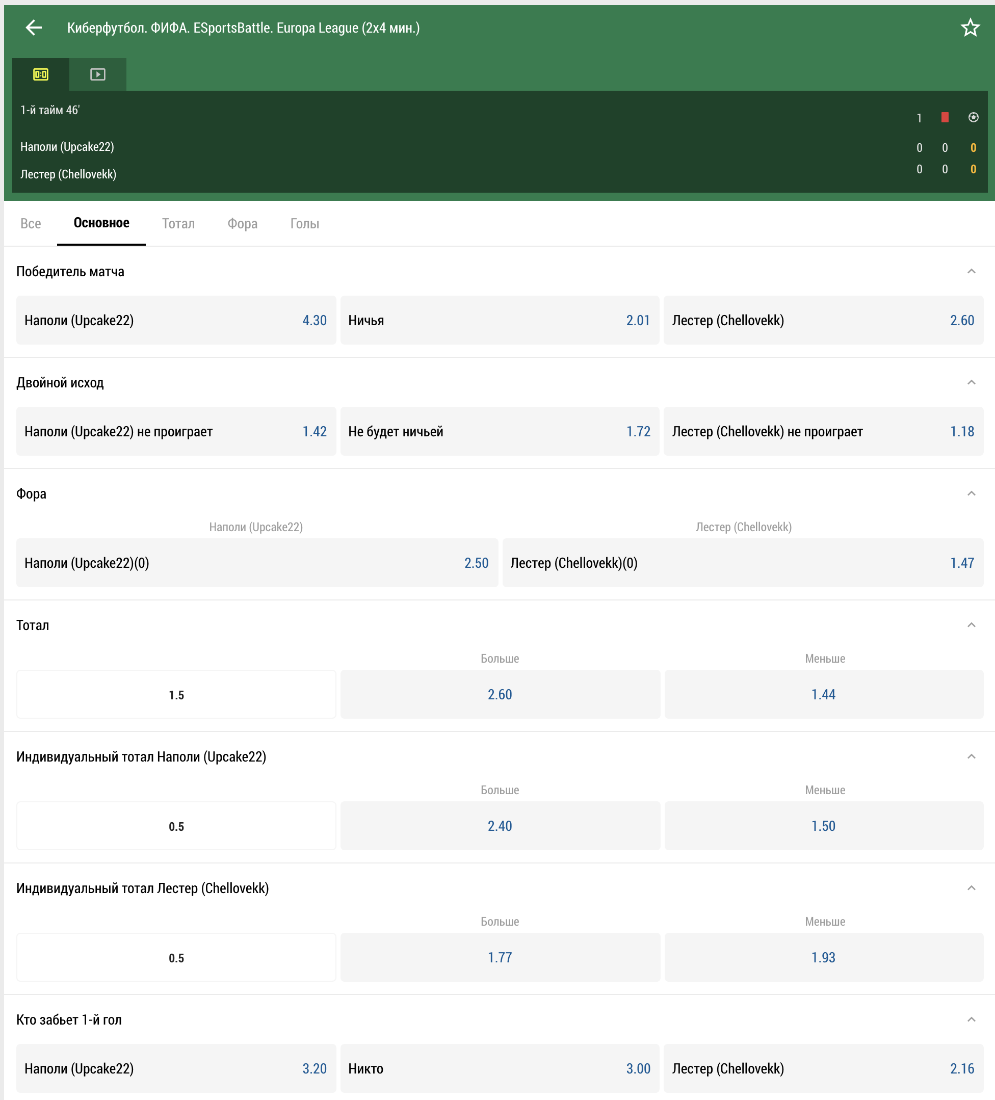 Основные исходы при заключении пари на FIFA