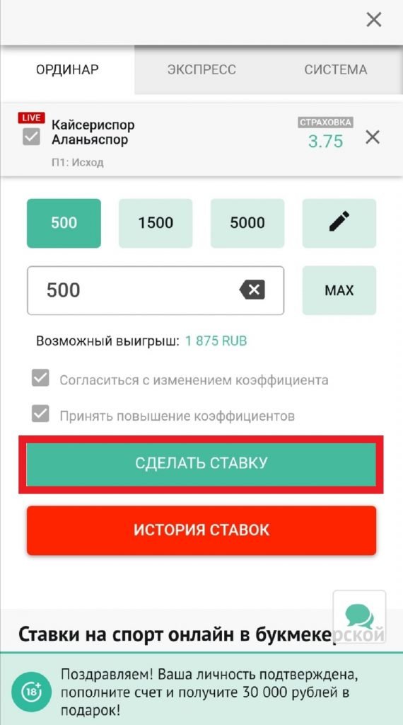 Нажмите кнопку "Сделать ставку"