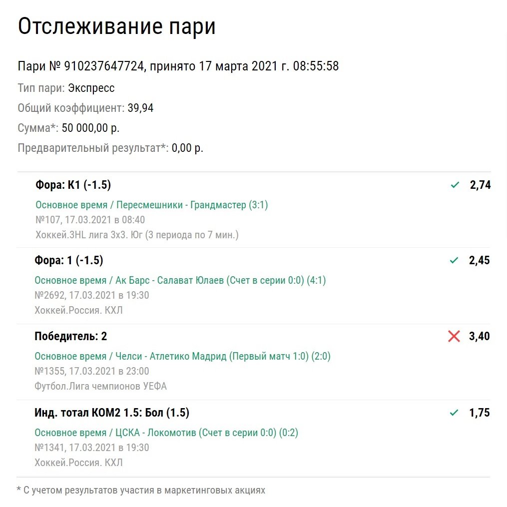 Игрок взял 3 успешные ставки на хоккей, но все потерял из-за футбола. У него не доехало почти 2 млн рублей