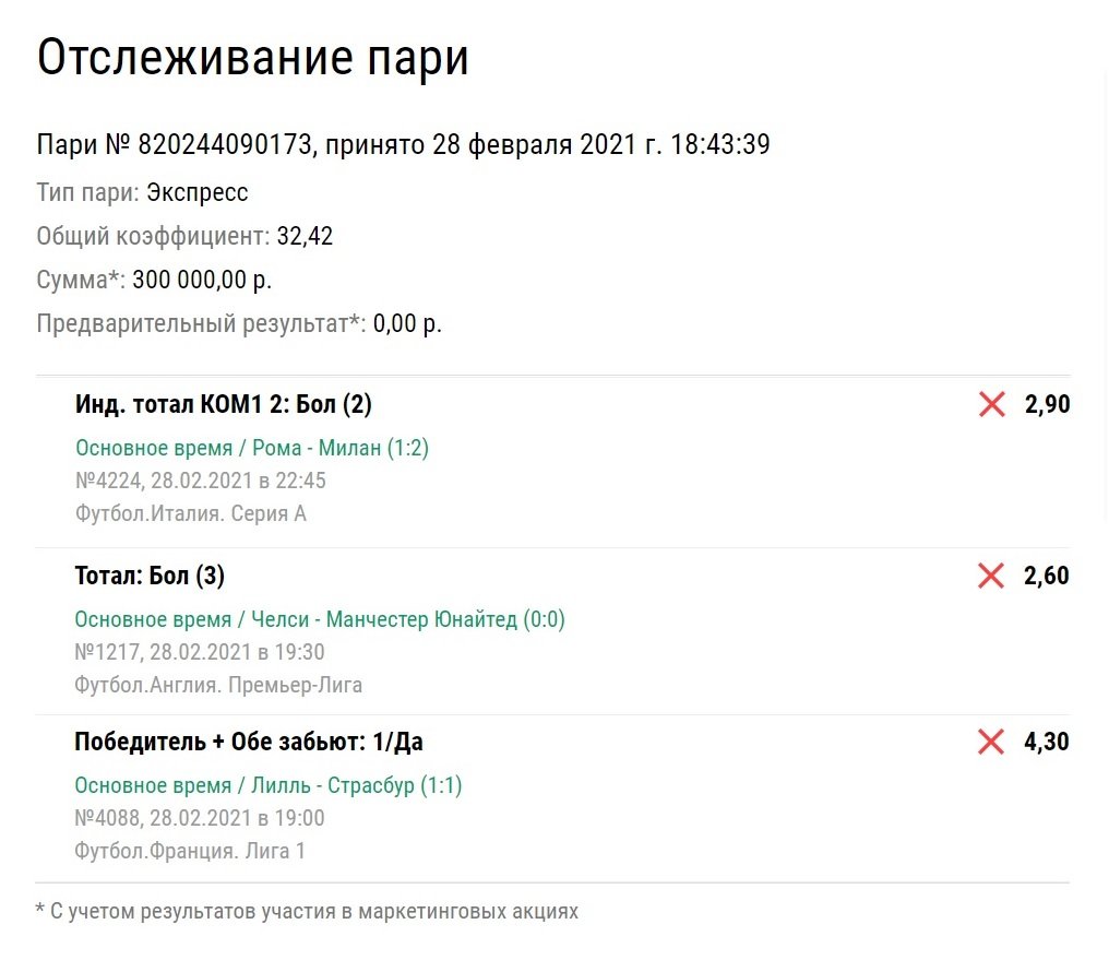Клиент на ставках верил в выигрыш 9,7 млн рублей. Но экспресс провалился по всем пунктам
