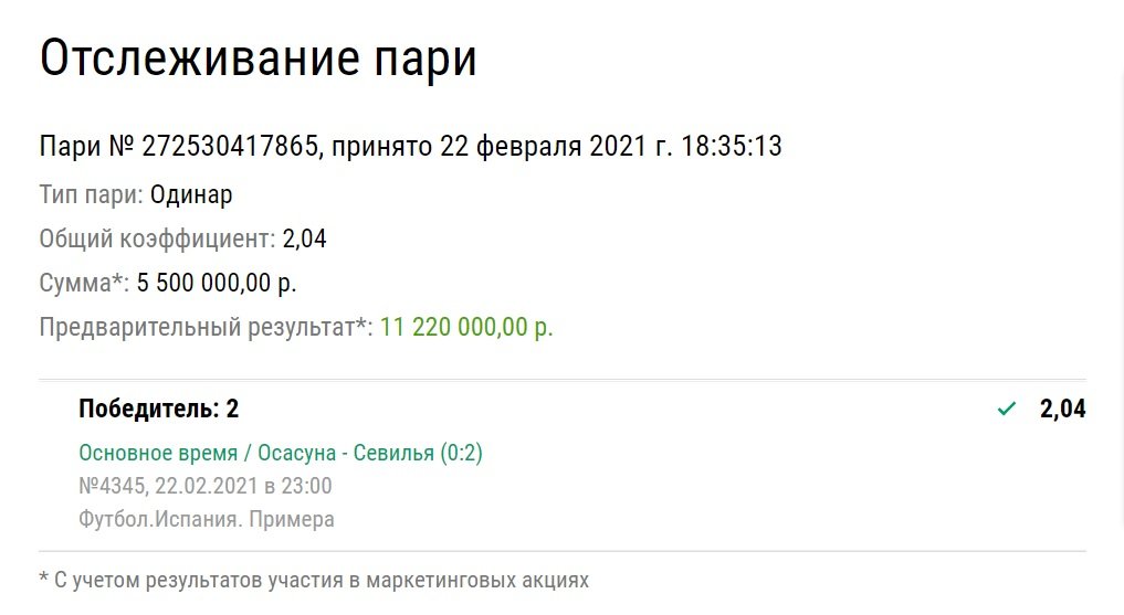Клиент «Лиги Ставок» выиграл 11,2 миллиона рублей на испанском футболе