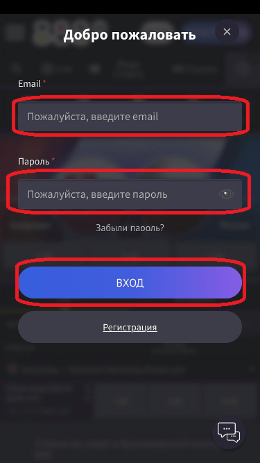 Заполните форму и авторизуйтесь в приложении 888