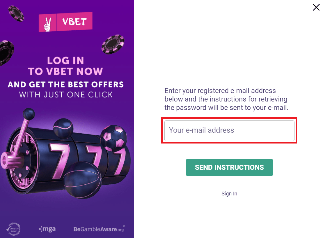 Форма восстановления забытого пароля на сайте БК Vbet
