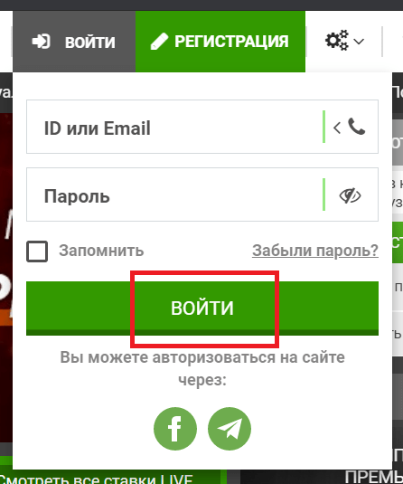 Кнопка войти в форме авторизации на сайте БК Фан Спорт 