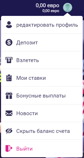 Меню профиля на сайте БК Vbet
