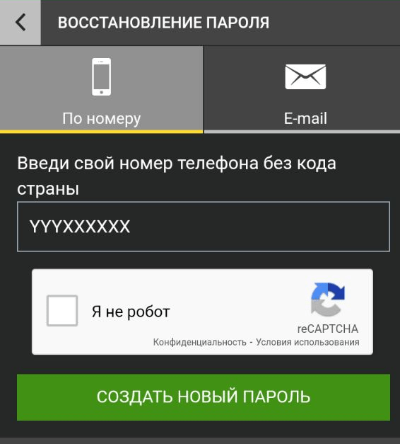 Форма восстановления пароля на мобильном сайте БК Фан Спорт