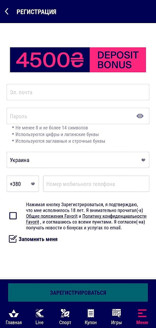 Форма регистрации в мобильном приложении БК Фаворит Спорт