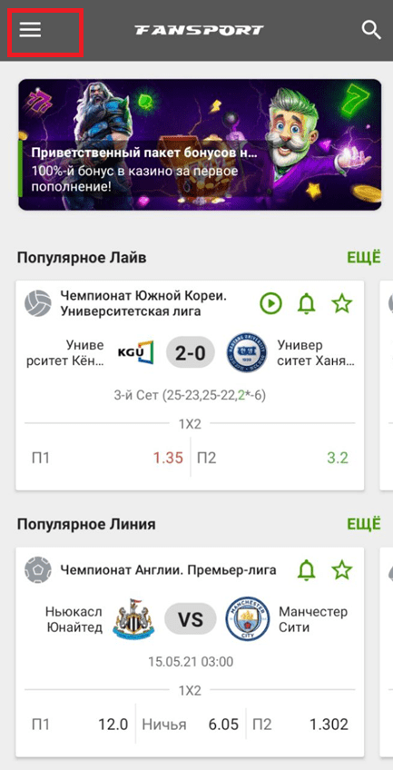 Кнопка меню в мобильном приложении Фан Спорт