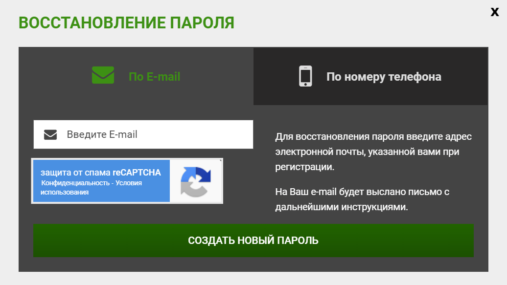 Форма восстановления пароля на сайте БК Фан Спорт