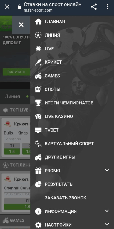 Боковое меню в мобильной версии Фан Спорт
