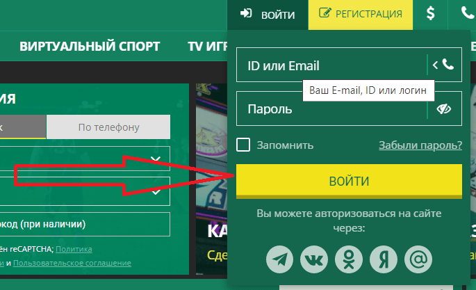 Нажмите кнопку "Войти" и авторизуйтесь на сайте букмекера
