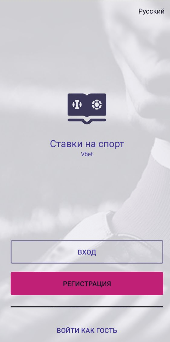 Кнопки авторизации и регистрации в мобильном приложении БК Vbet