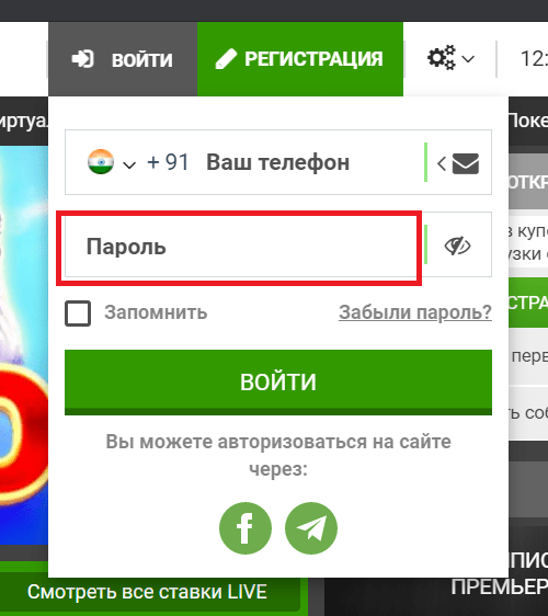 Ввод пароля при авторизации на сайте БК Фан Спорт