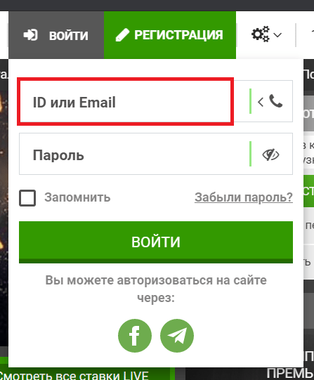 Ввод электронной почты при авторизации на сайте БК Фан Спорт