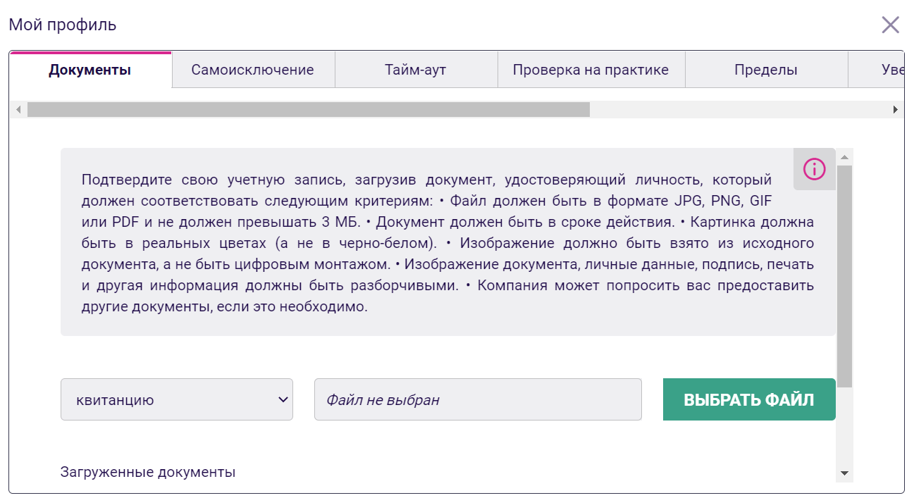Загрузка документов для прохождения верификации на сайте БК Vbet