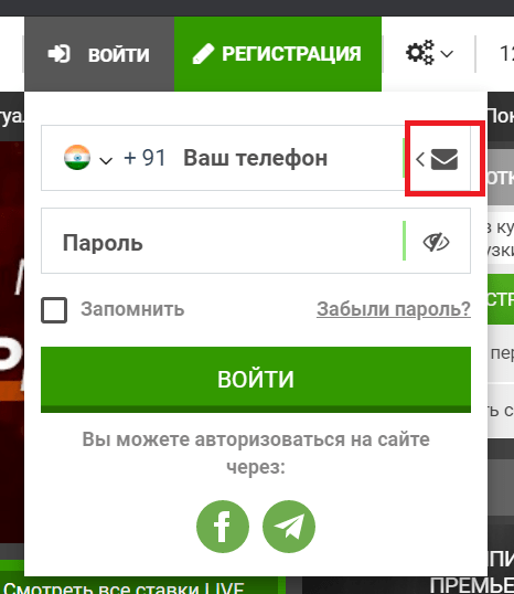 Выбор способа авторизации по электронной почте на сайте БК Фан Спорт 
