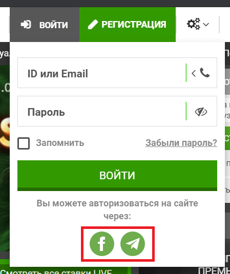 Выбор способа авторизации через социальные сети на сайте БК Фан Спорт