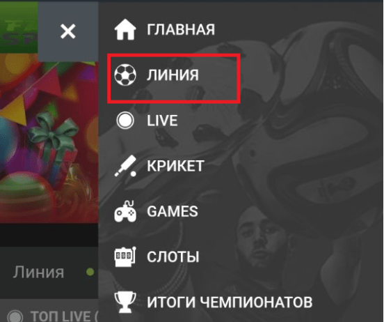 Вкладка линия в мобильной версии сайта Фан Спорт