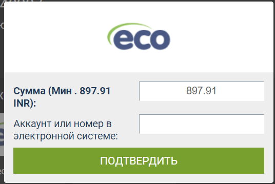 Ввод суммы для вывода средств на платежную систему ecoPayz из БК Фан Спорт