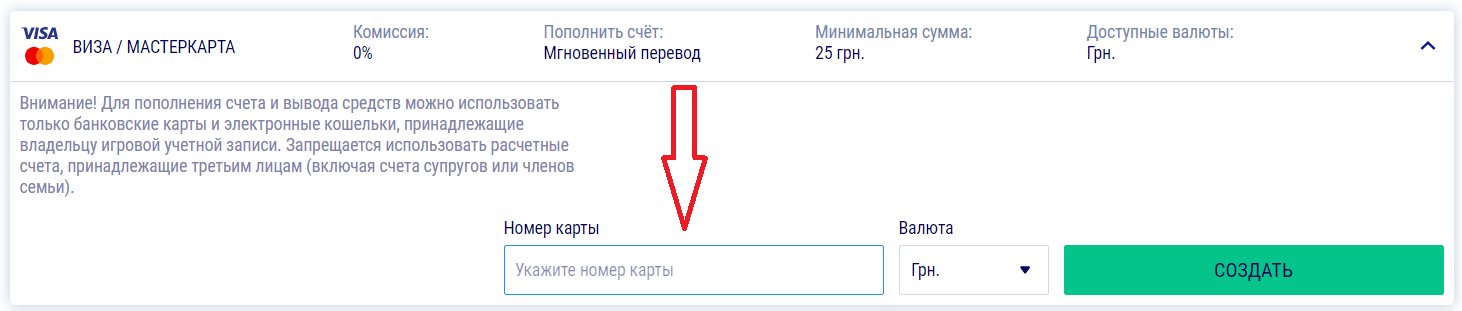 Ввод данных банковской карты для пополнения счета с банковской карты на сайте Фаворит Спорт