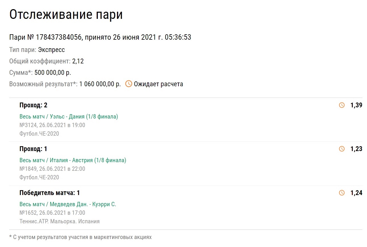 Игрок на ставках загрузил 500 тысяч рублей на 2 матча Евро и победу теннисиста Медведева. Что с коэффициентом?