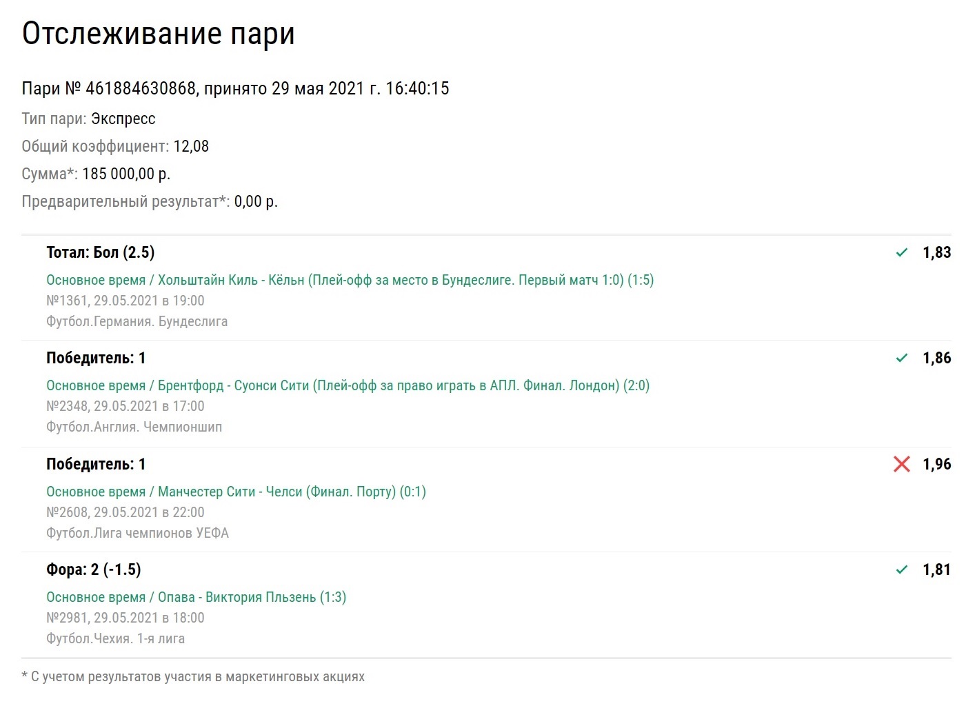 Игроку на ставках не хватило успеха «Сити» в финале ЛЧ для победного экспресса на 2,2 млн рублей