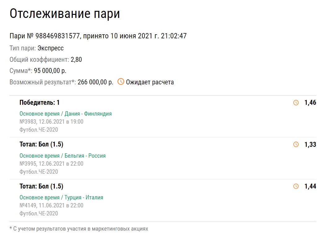 Клиент «Лиги Ставок» составил экспресс из 3 матчей Евро и поставил аж 95 тысяч рублей