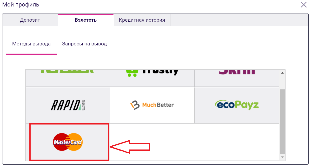 Выбор метода MasterCard для вывода денег из БК Vbet